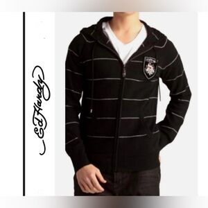 Ed Hardy GREY Hooded Wool Blend Zip Sweater - Size Large